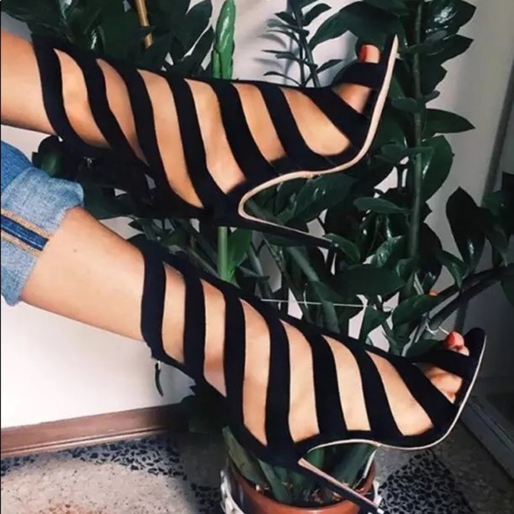 Sculpted Silk and Flock Stripe Peep Toe Booties - Picture 2 of 8